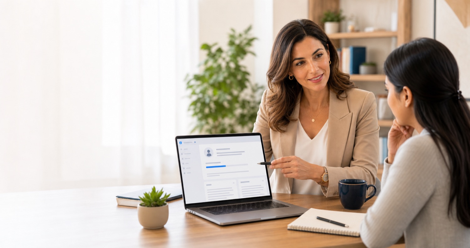 Career coach helping a client review a profile draft on a laptop