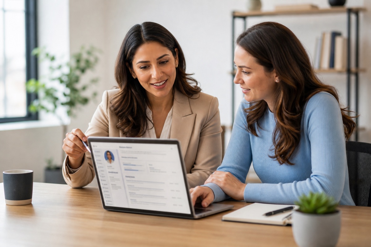 Career coach and client reviewing a LinkedIn profile draft together on a laptop